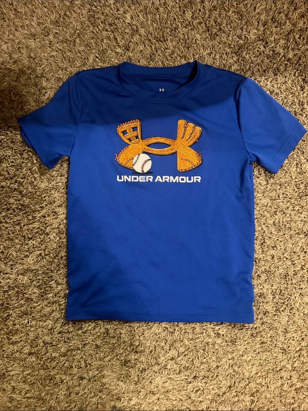 Under Armour Kids Royal Blue Short Sleeve Tee with Orange Glove Graphic